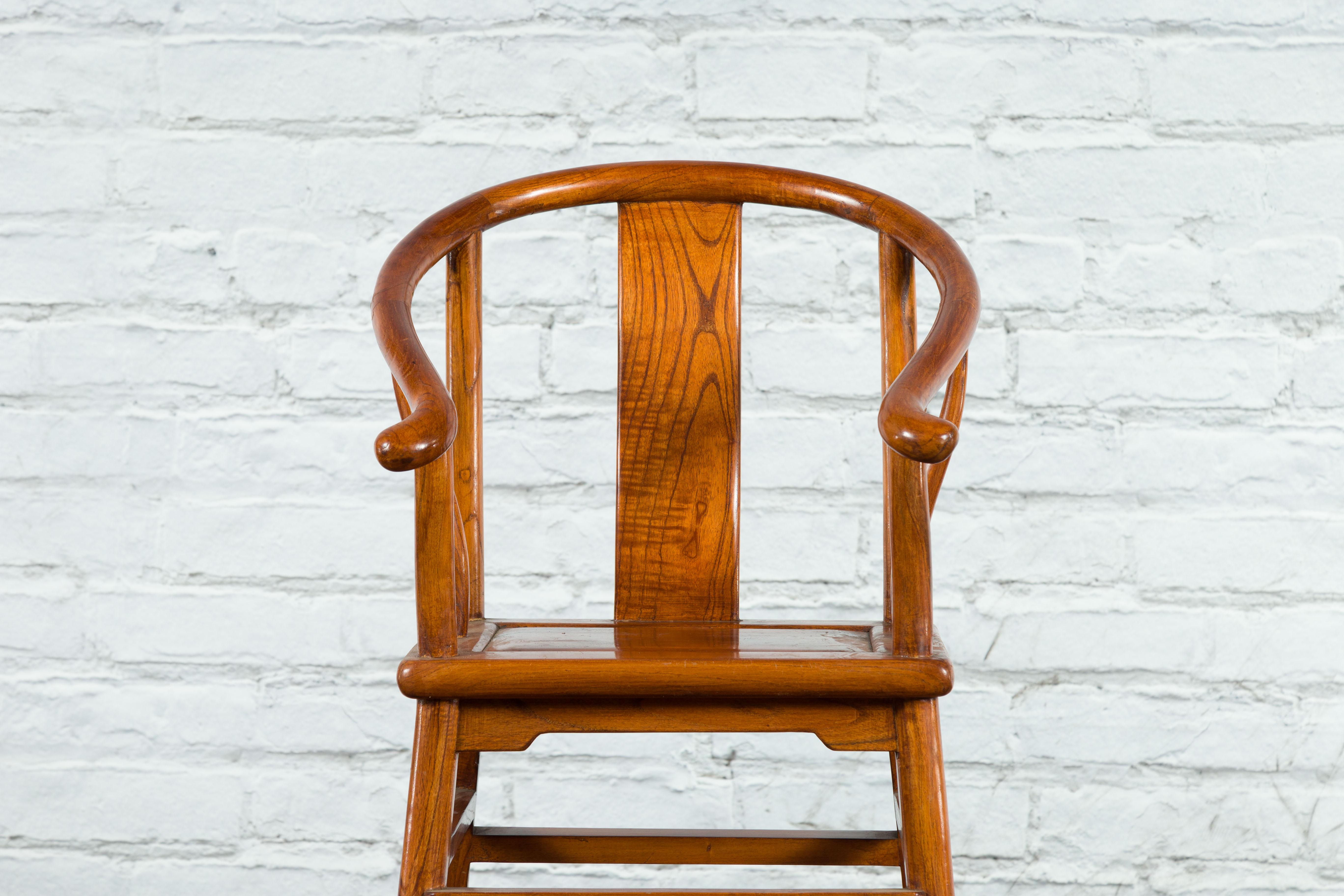 Elm Small Vintage Chinese Horseshoe Back Chair with Wooden Seat and Side Stretchers For Sale
