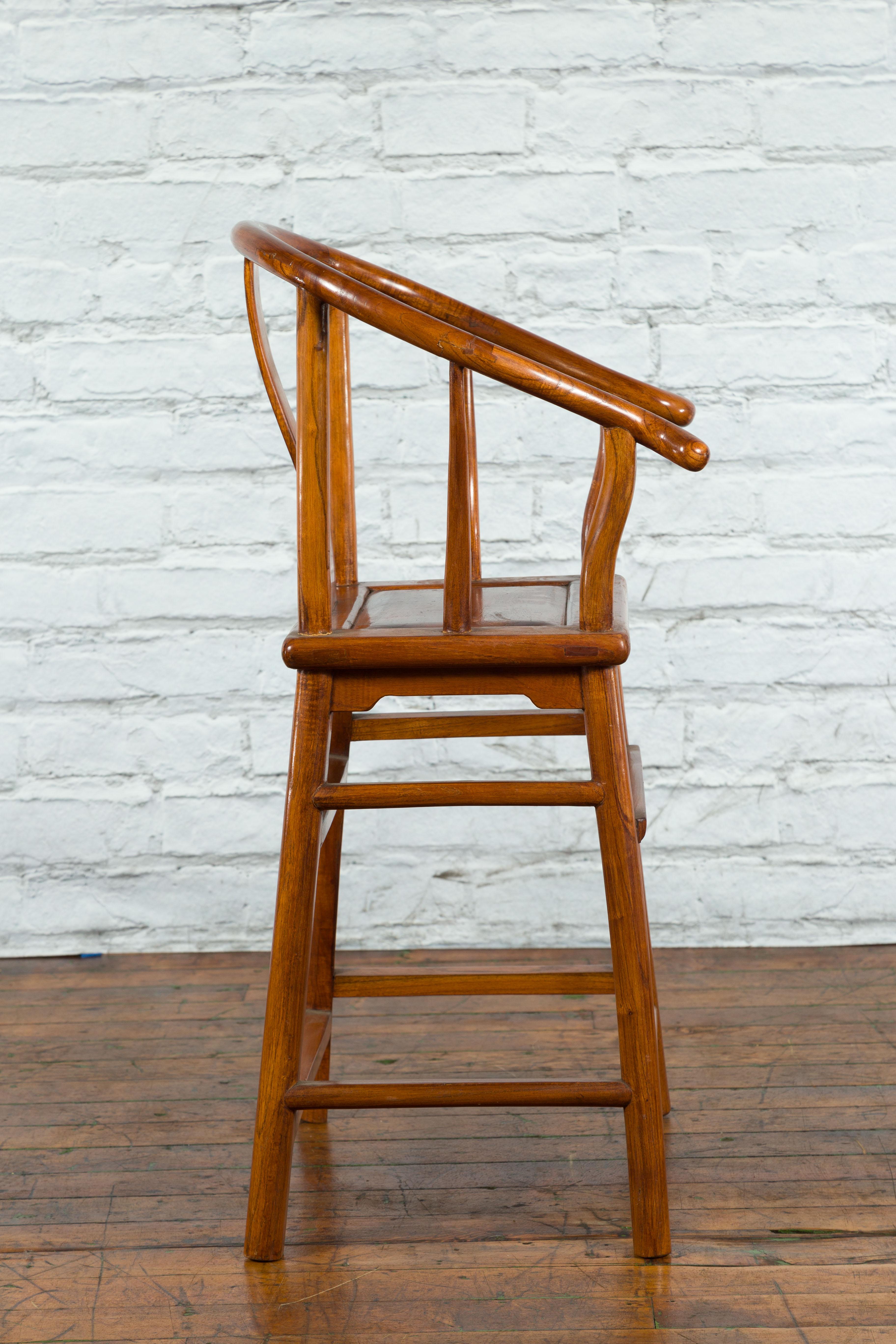Small Vintage Chinese Horseshoe Back Chair with Wooden Seat and Side Stretchers For Sale 3