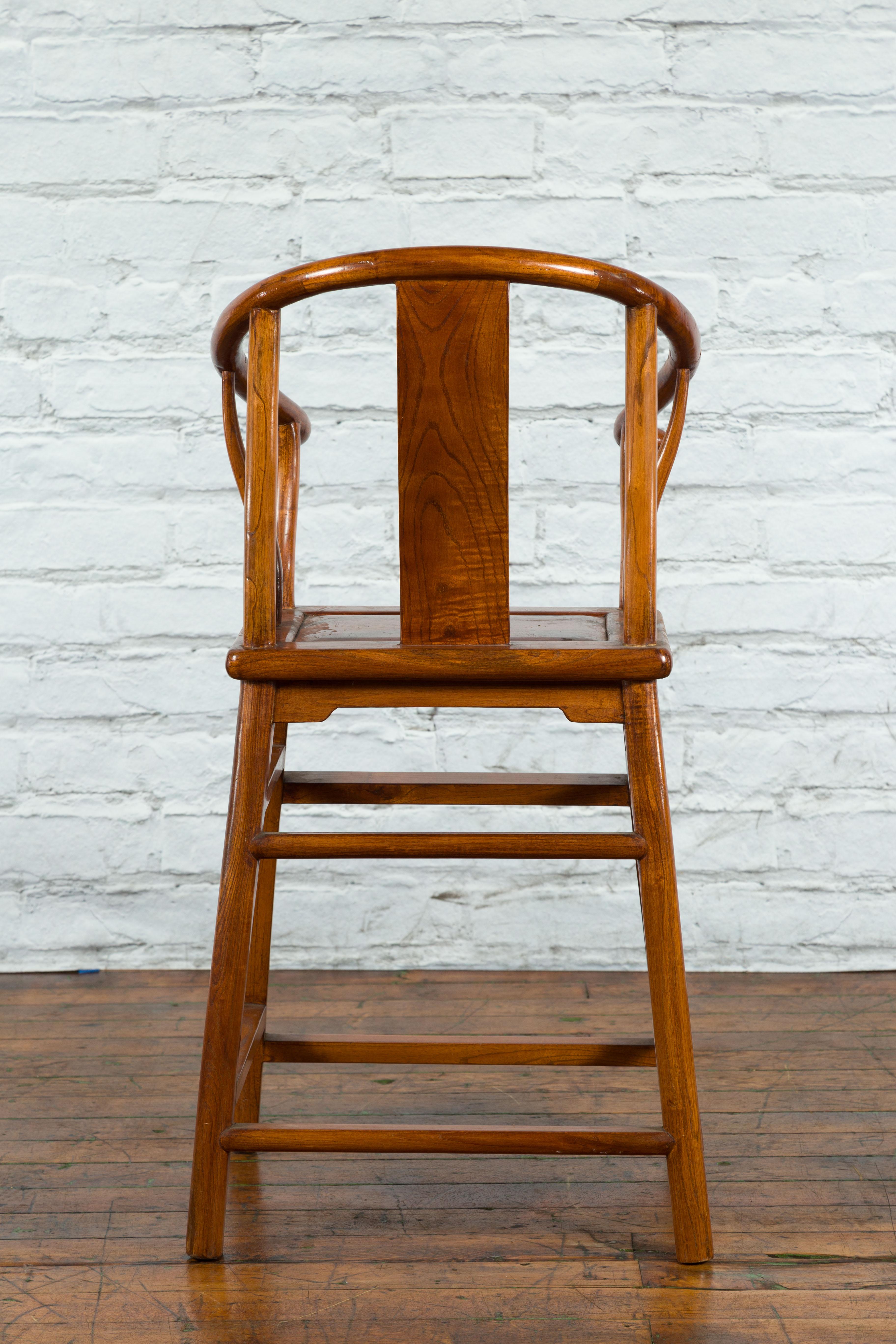 Small Vintage Chinese Horseshoe Back Chair with Wooden Seat and Side Stretchers For Sale 4