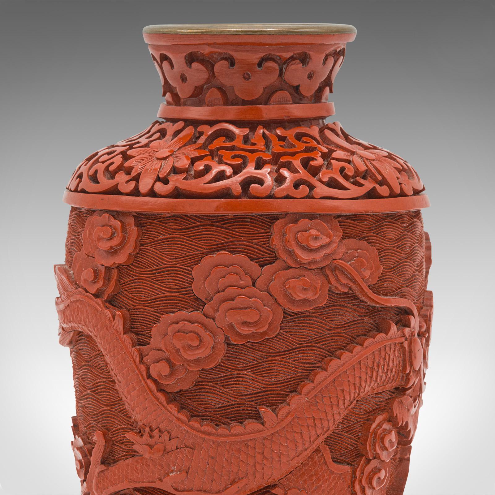 Small Vintage Cinnabar Posy Vase, Chinese Decorative Urn, Cloisonne, Mid-Century 4