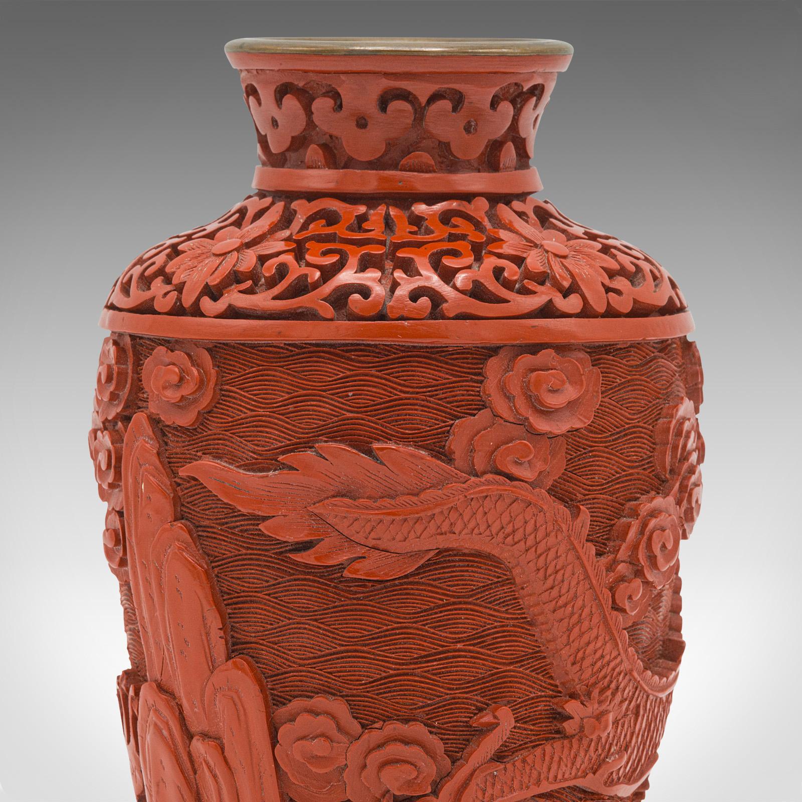 Small Vintage Cinnabar Posy Vase, Chinese Decorative Urn, Cloisonne, Mid-Century 5