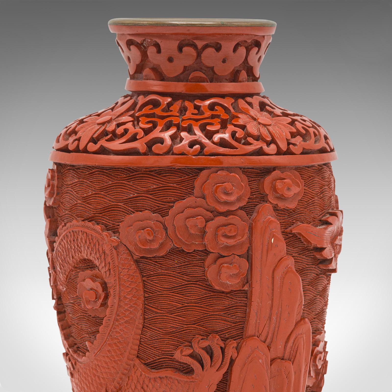 Small Vintage Cinnabar Posy Vase, Chinese Decorative Urn, Cloisonne, Mid-Century 6
