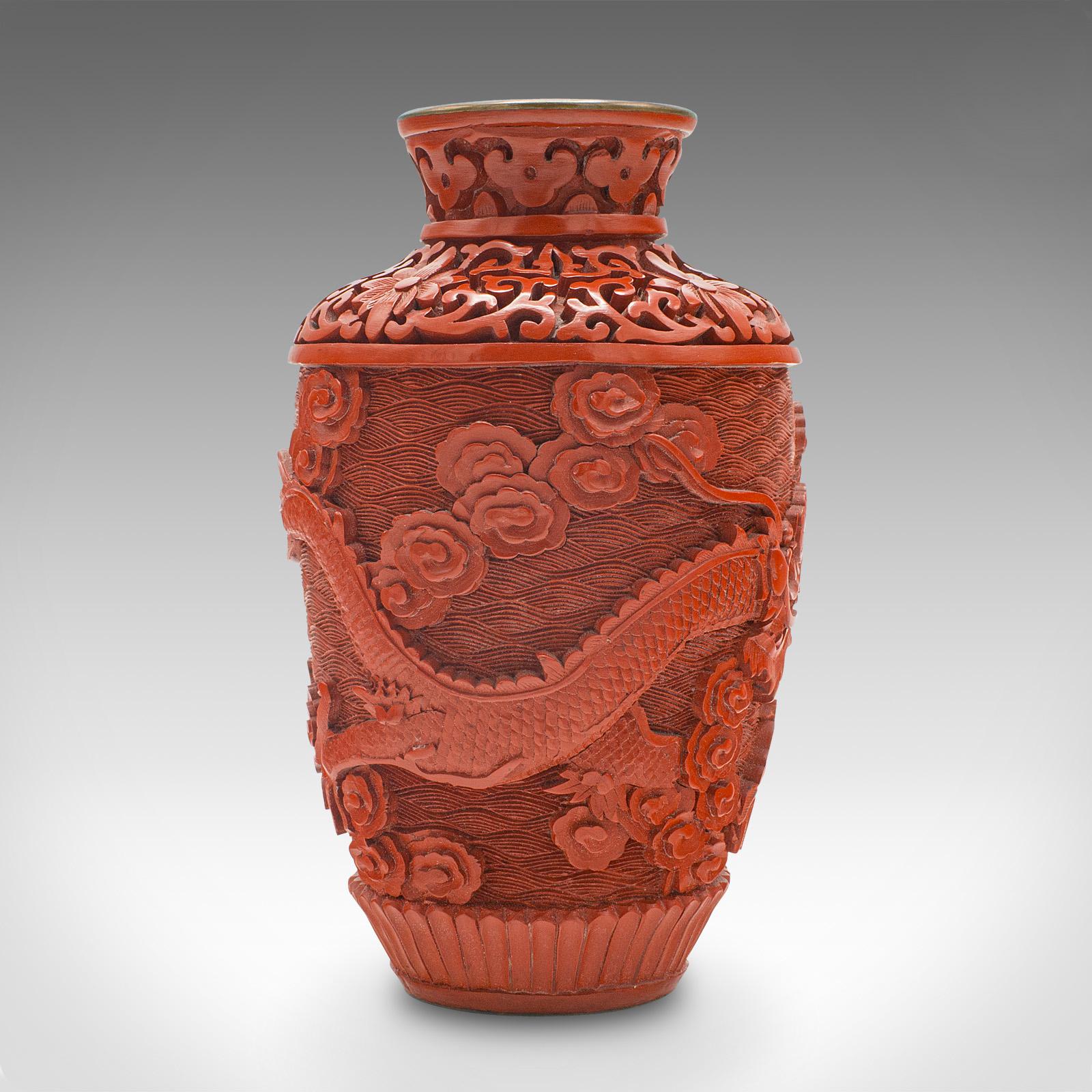 Chinese Export Small Vintage Cinnabar Posy Vase, Chinese Decorative Urn, Cloisonne, Mid-Century
