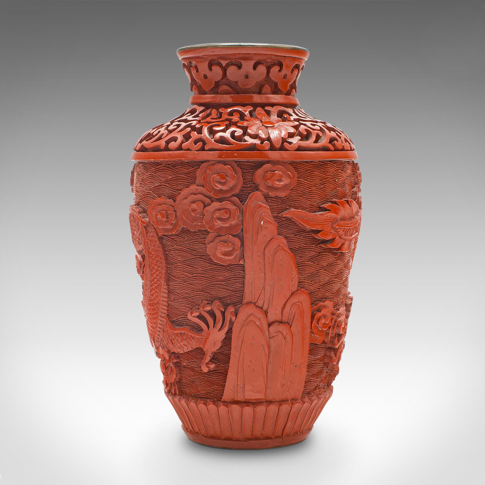 20th Century Small Vintage Cinnabar Posy Vase, Chinese Decorative Urn, Cloisonne, Mid-Century
