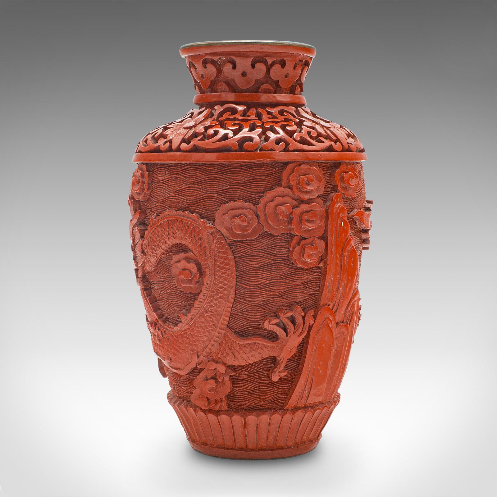 Composition Small Vintage Cinnabar Posy Vase, Chinese Decorative Urn, Cloisonne, Mid-Century