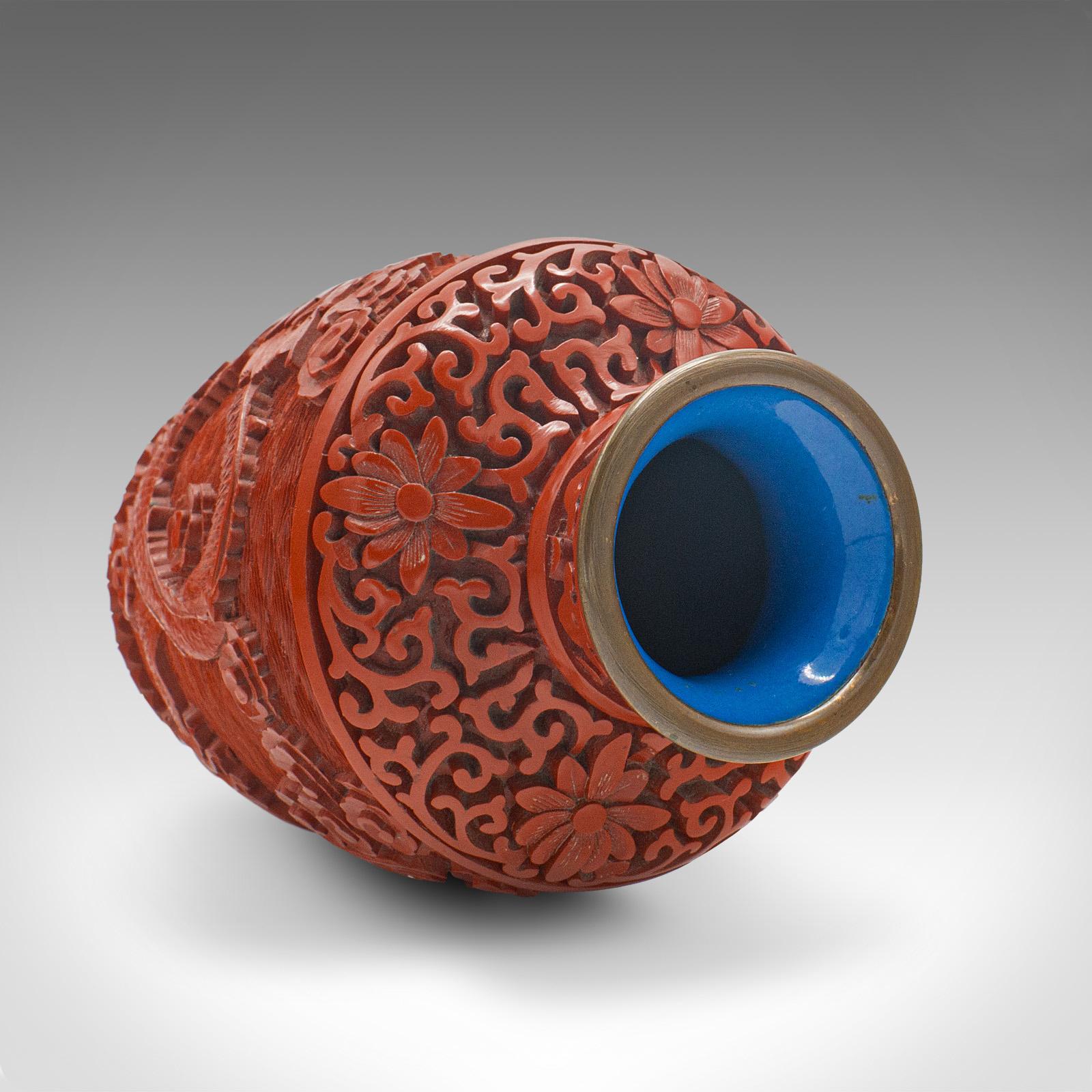 Small Vintage Cinnabar Posy Vase, Chinese Decorative Urn, Cloisonne, Mid-Century 1