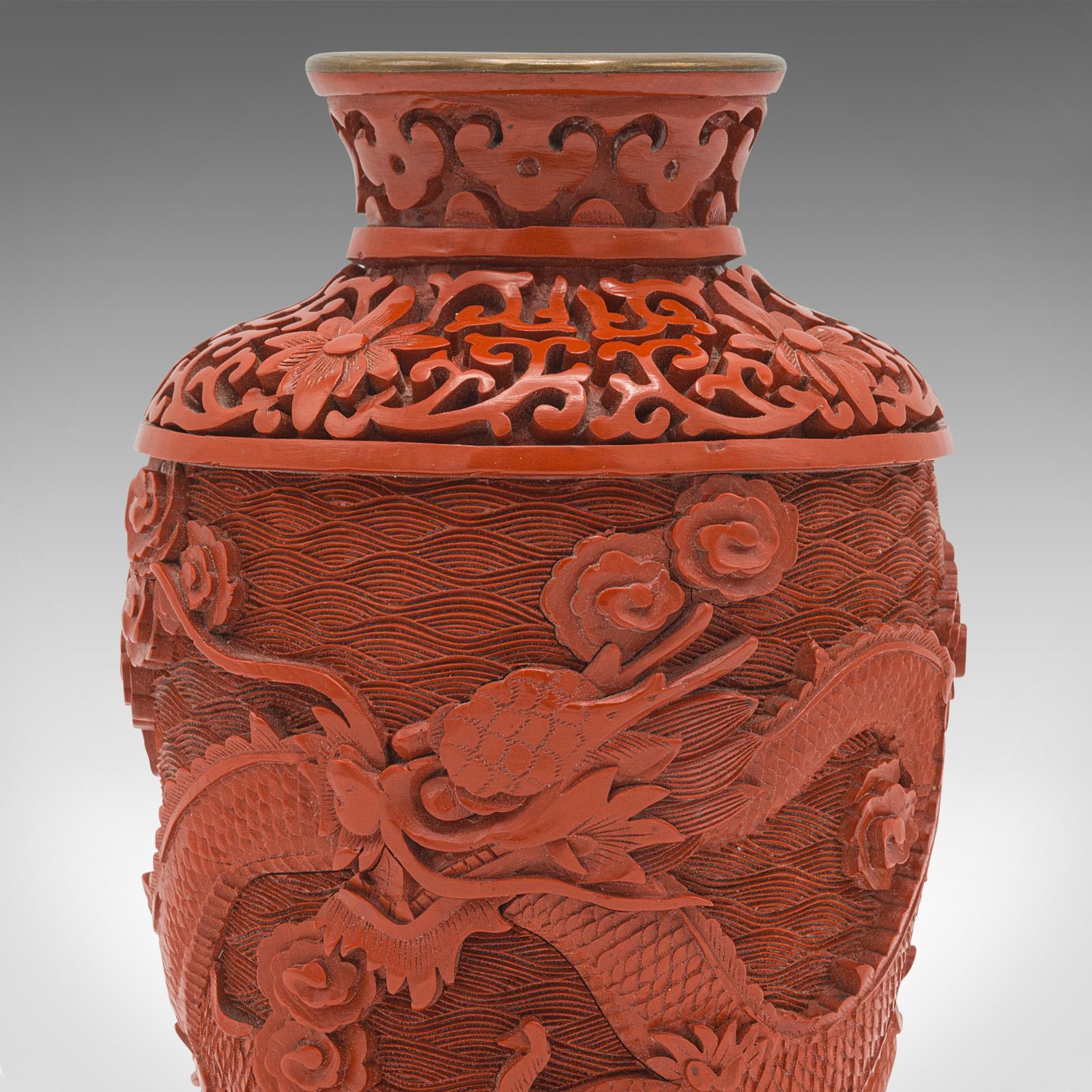 Small Vintage Cinnabar Posy Vase, Chinese Decorative Urn, Cloisonne, Mid-Century 3