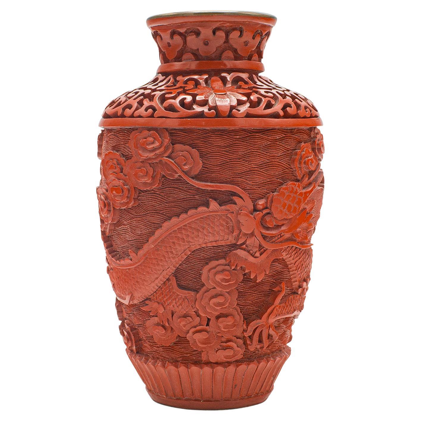 Small Vintage Cinnabar Posy Vase, Chinese Decorative Urn, Cloisonne, Mid-Century
