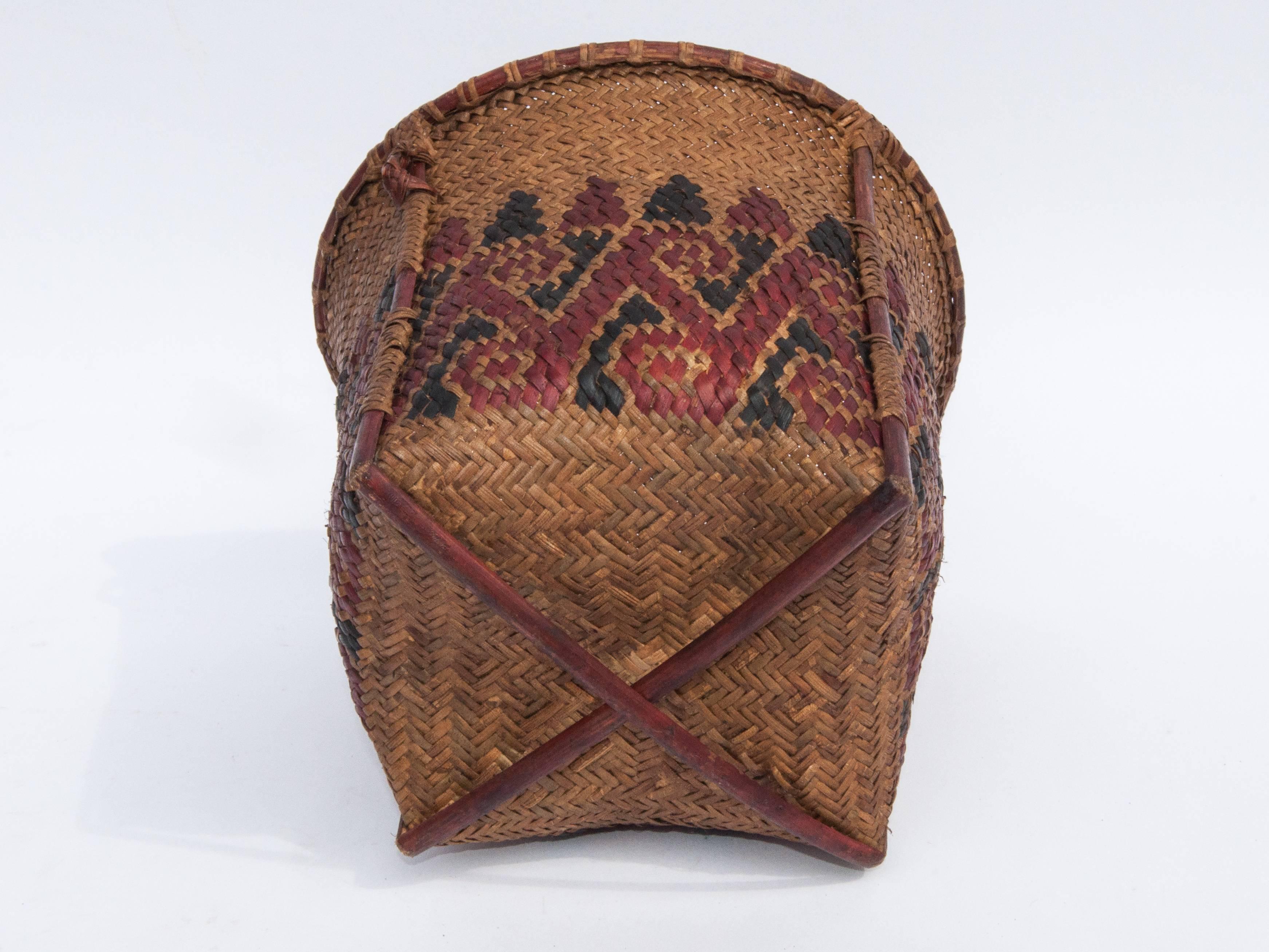Bamboo Small Vintage Collecting Basket with Colored Design, Borneo, Mid-20th Century