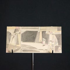 Kleine kubistische Buntstift-Stadtbildzeichnung von Václav Tikal, Tschechien, 1950er Jahre