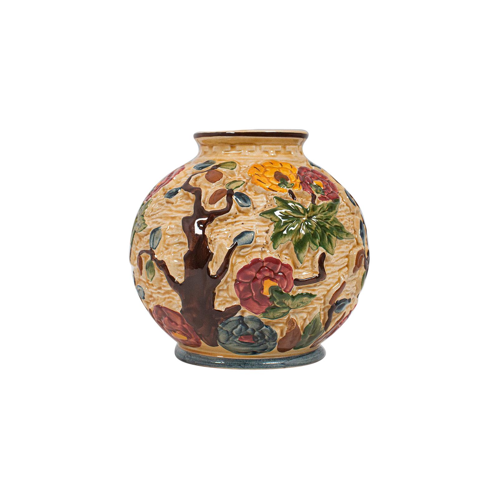 Petit vase décoratif vintage anglais, céramique, urne à balustre, arbre indien, 1950