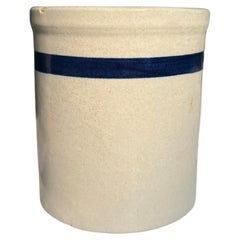 Small Vintage Farmhouse Stoneware Crock or Vase in Cream with Blue Stripe