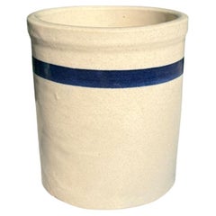 Small Vintage Farmhouse Stoneware Crock or Vase in Cream with Blue Stripe