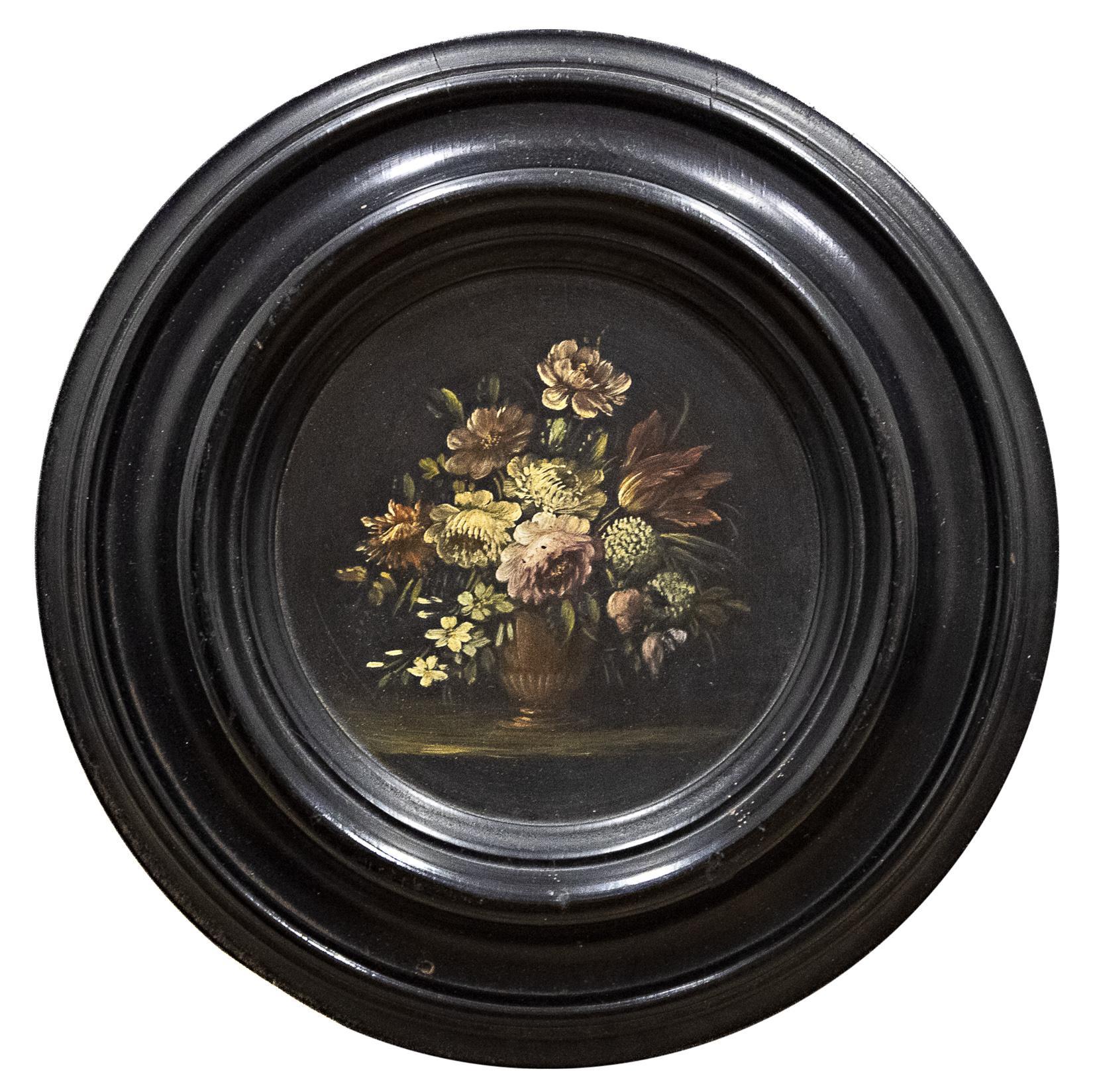 Italian Small Vintage Floral Painting in an antique Ebony wood frame