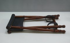 Small vintage folding stool - turned frame, genuine leather seat -colonial style