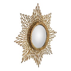 Small Vintage French Convex Witch Wall Mirror in Rattan & Braider Wicker, 1960s