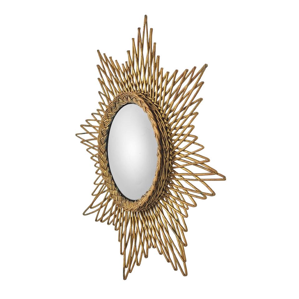 Kleiner französischer konvexer Hexenwandspiegel aus Rattan und Flechtwerk, 1960er (Spiegel) im Angebot