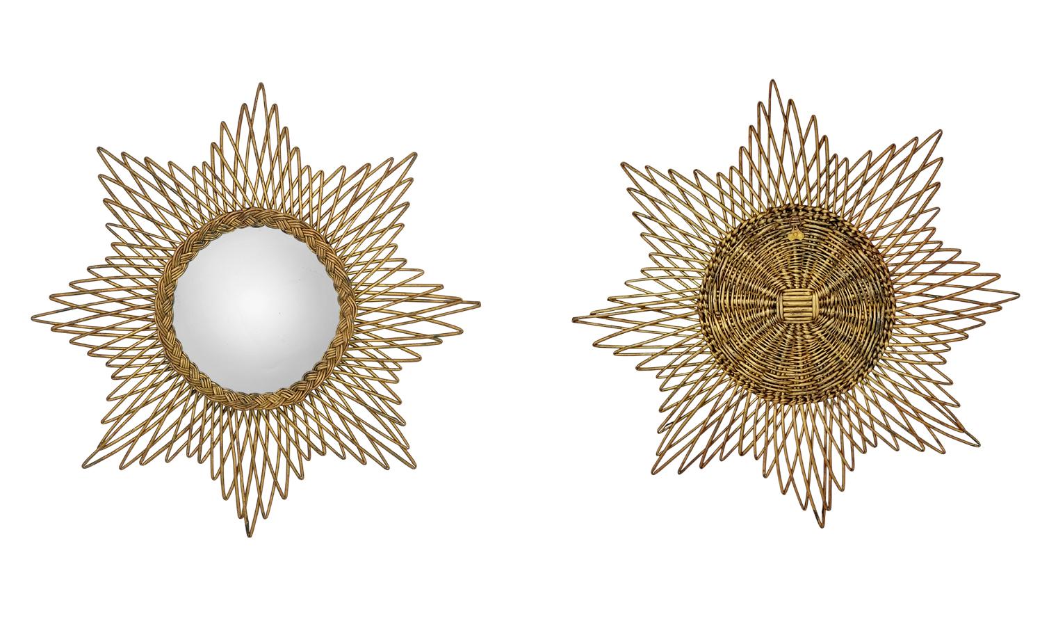 Kleiner französischer konvexer Hexenwandspiegel aus Rattan und Flechtwerk, 1960er im Angebot 2