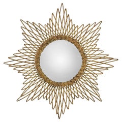 Small Vintage French Convex Witch Wall Mirror in Rattan 
Braider Wicker, 1960s