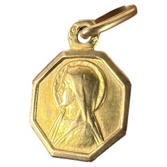 Small Vintage French Lourdes Virgin Mary 18K Yellow Gold Religious Charm Pendant