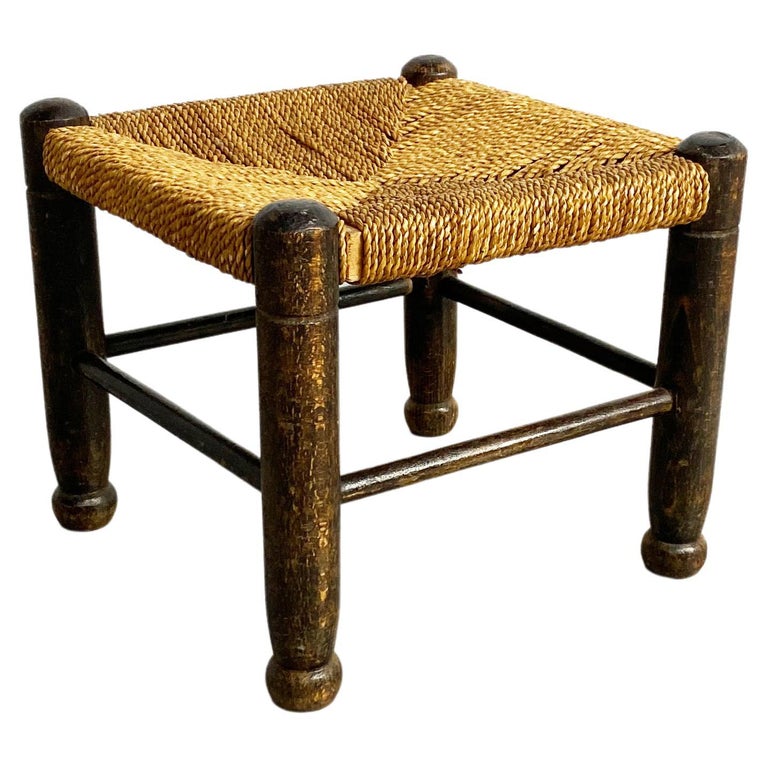 Small Vintage French Oak and Rush Stool For Sale at 1stDibs