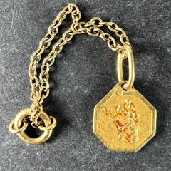 Small Vintage French St Christopher 18K Yellow Gold Charm Pendant with Key Chain