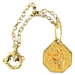 Small Vintage French St Christopher 18K Yellow Gold Charm Pendant with Key Chain