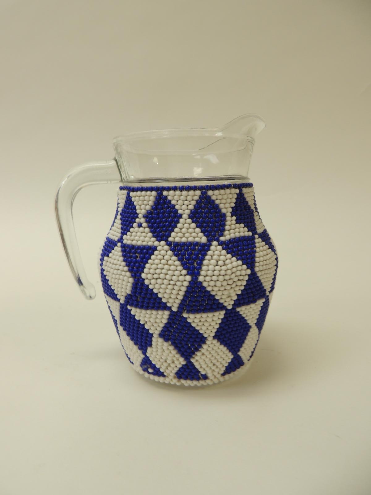 Minimalist Small Vintage Glass Milk Jug with Handcrafted Artisanal Woven Beaded Cover