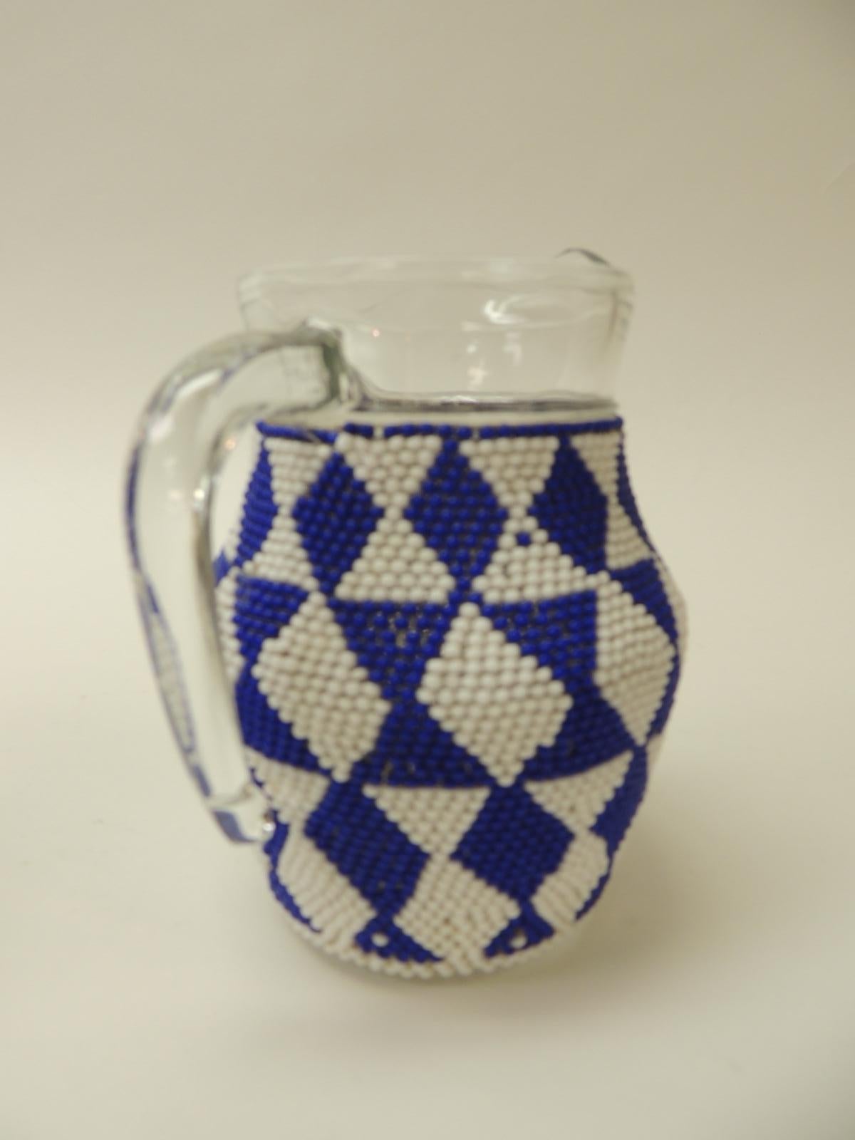 Algerian Small Vintage Glass Milk Jug with Handcrafted Artisanal Woven Beaded Cover