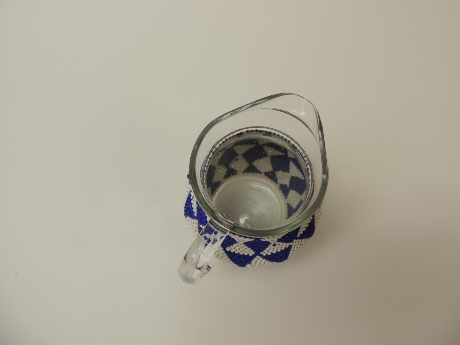 Hand-Crafted Small Vintage Glass Milk Jug with Handcrafted Artisanal Woven Beaded Cover
