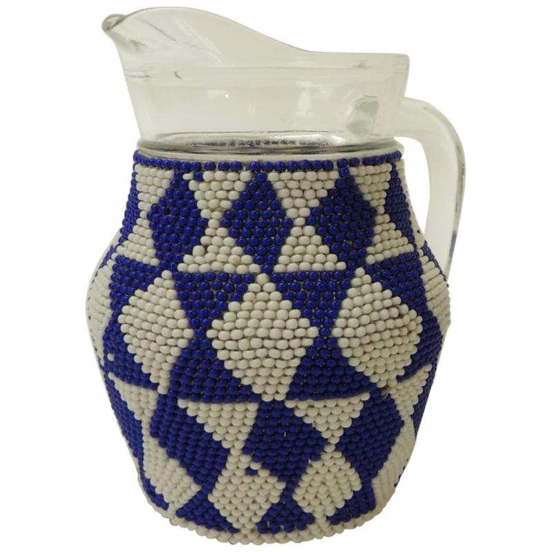 Small Vintage Glass Milk Jug with Handcrafted Artisanal Woven Beaded Cover