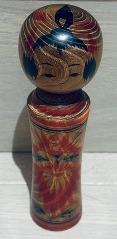 Small Vintage Grained Japanese Traditional Flower Motif Kokeshi Doll Signed