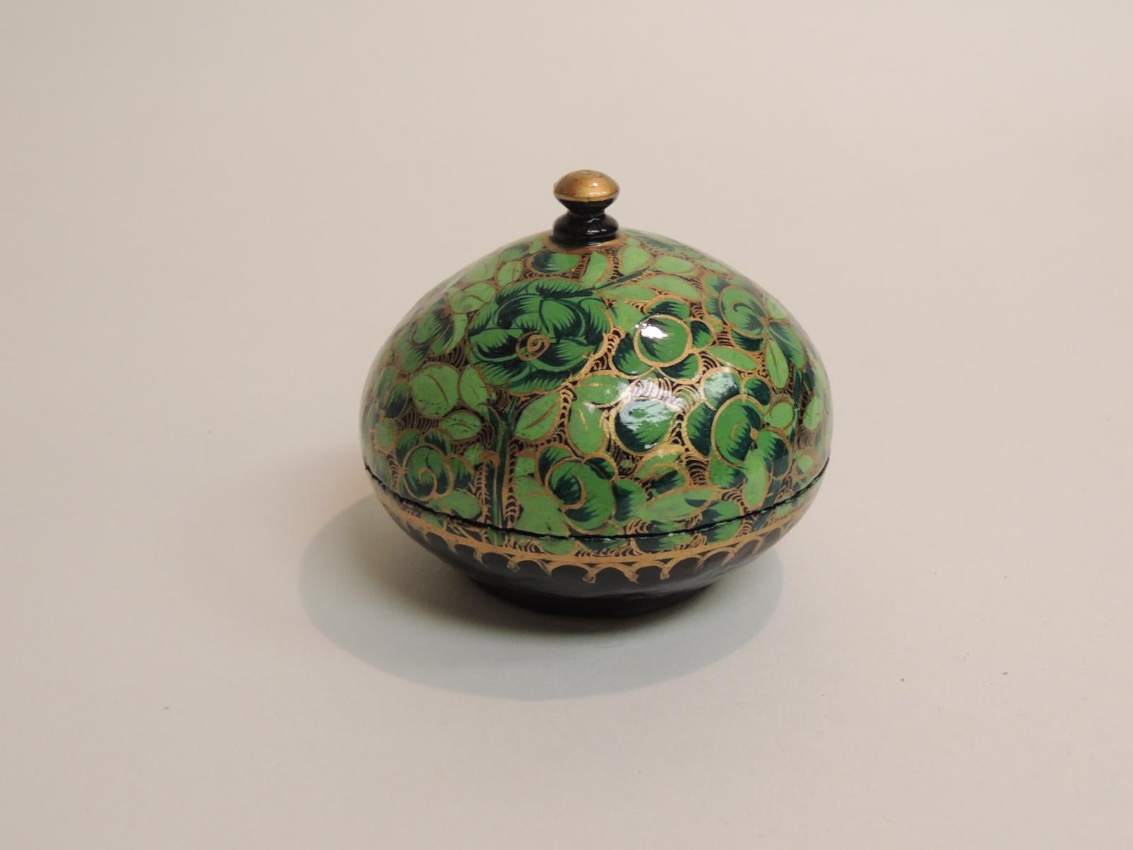 Bohemian Small Vintage Green and Gold Hand Painted Indian Lacquered Jewelry Box