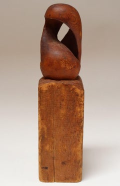 Small Vintage Handcarved Modernist Organic Form Wooden Sculpture on Base Signed