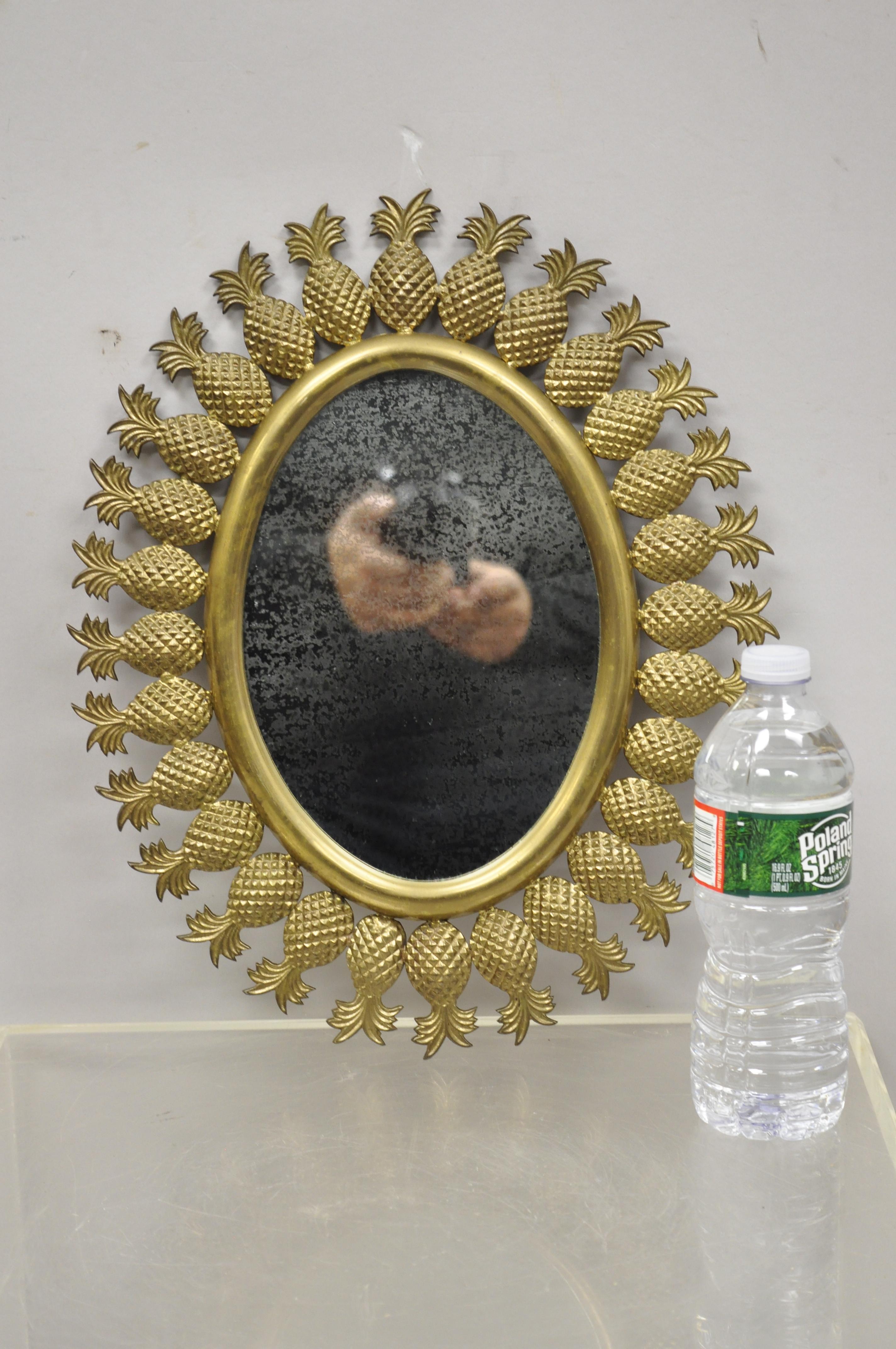 Small Vintage Hollywood Regency Brass Pineapple Sunburst Oval Wall Mirror In Good Condition In Philadelphia, PA