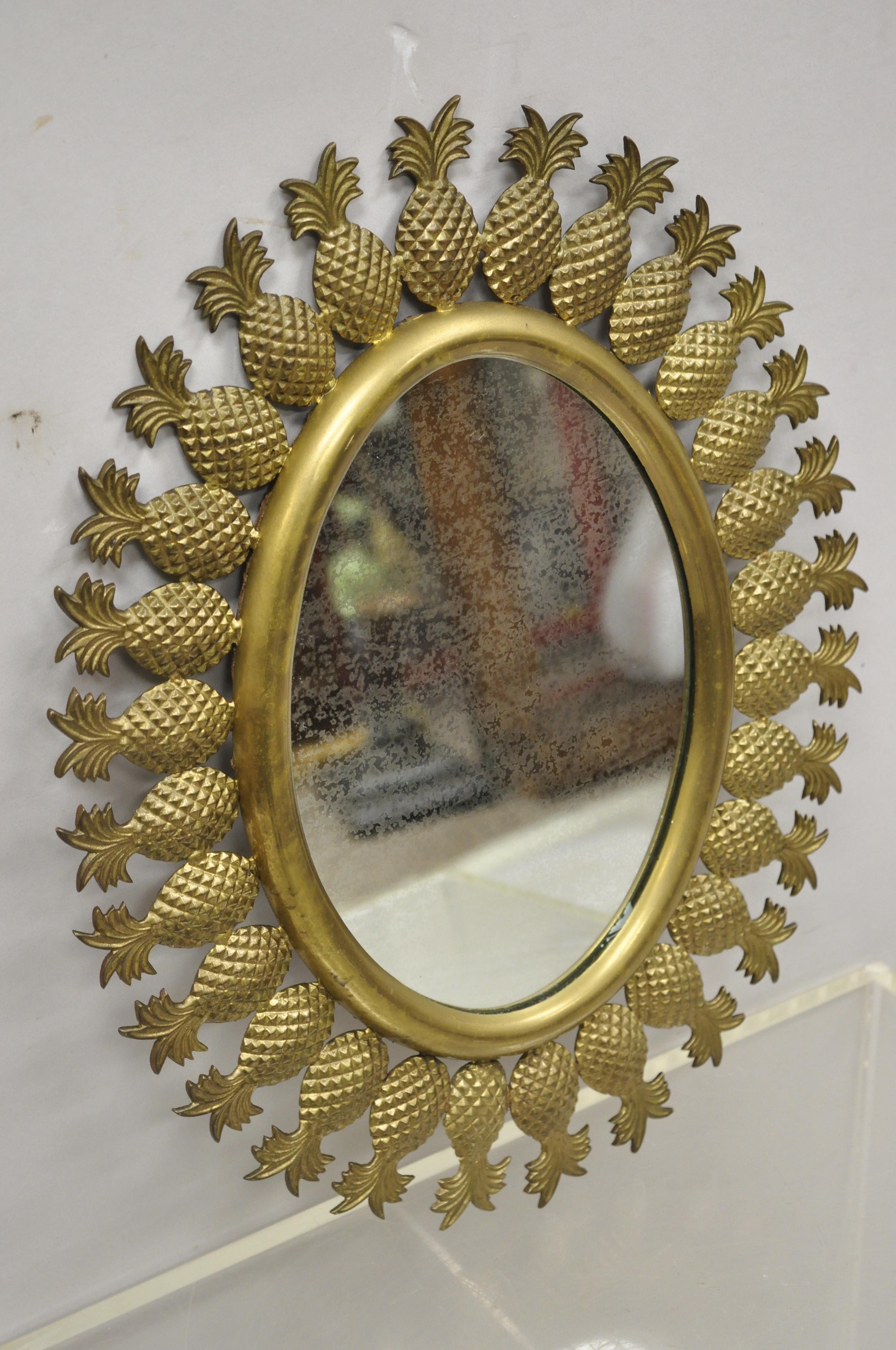 20th Century Small Vintage Hollywood Regency Brass Pineapple Sunburst Oval Wall Mirror