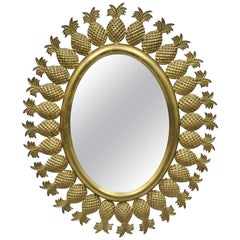 Small Vintage Hollywood Regency Brass Pineapple Sunburst Oval Wall Mirror