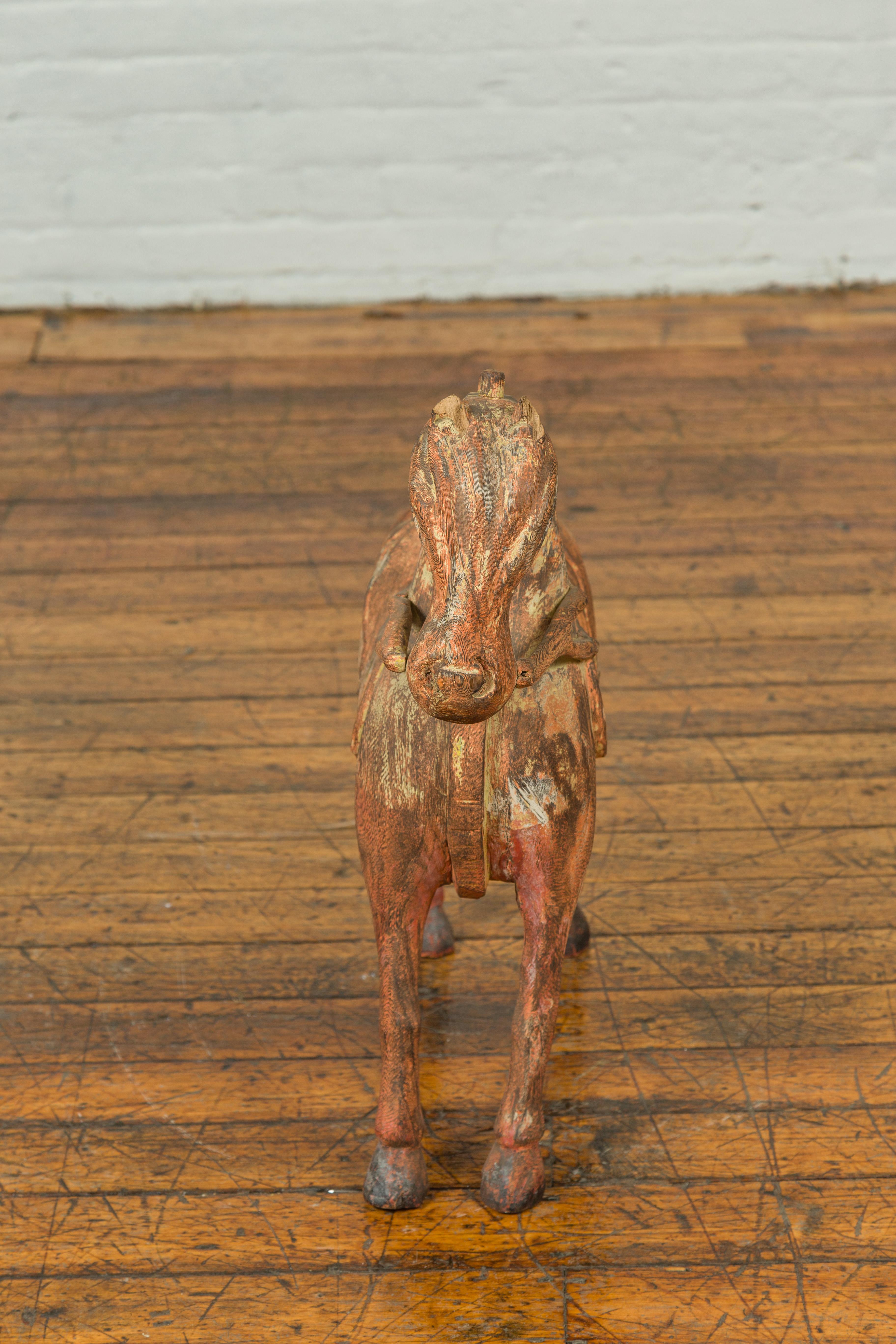 Small Vintage Indian Exterior Rust Colored and Carved Wooden Horse from Madras For Sale 4