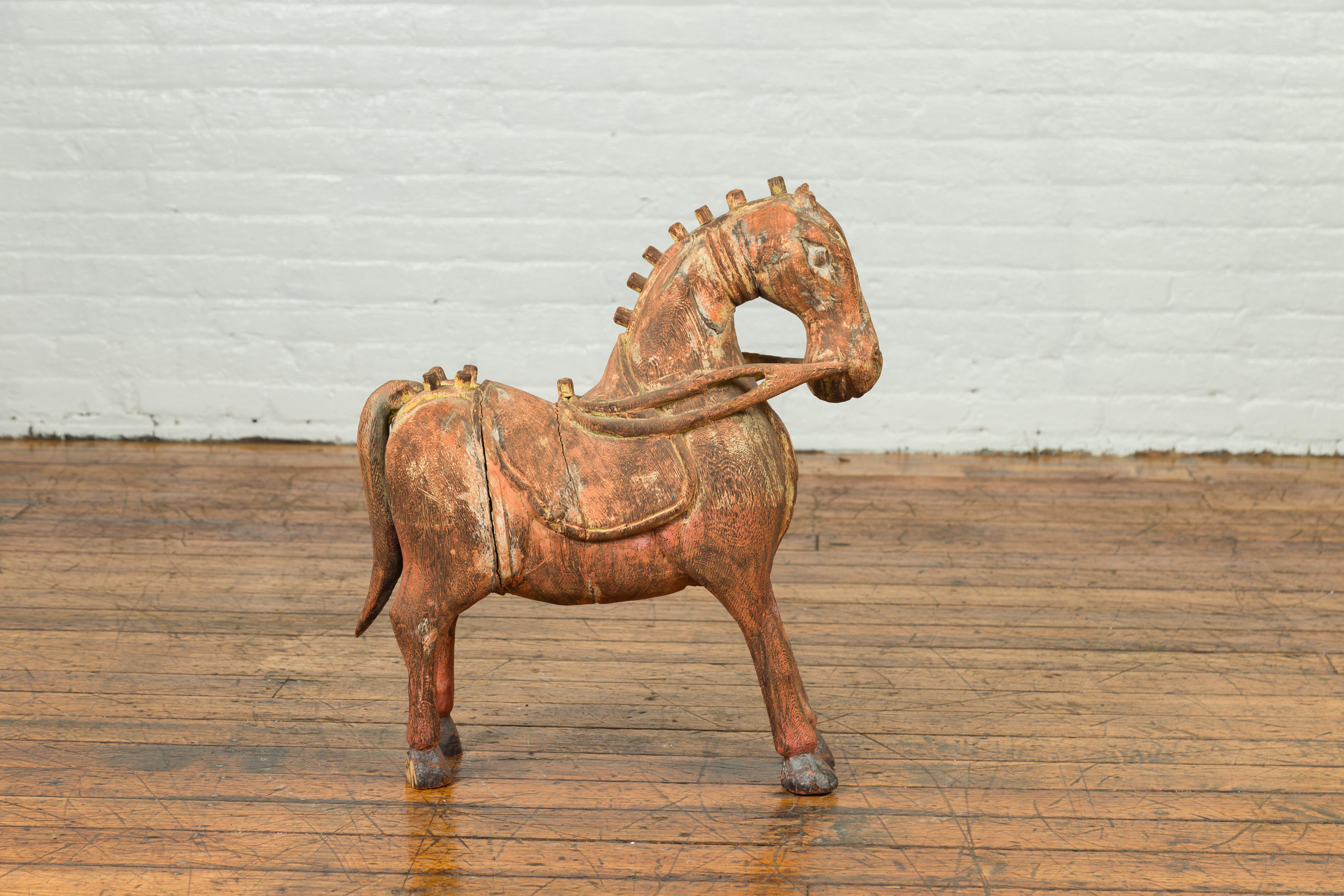 Small Vintage Indian Exterior Rust Colored and Carved Wooden Horse from Madras For Sale 5