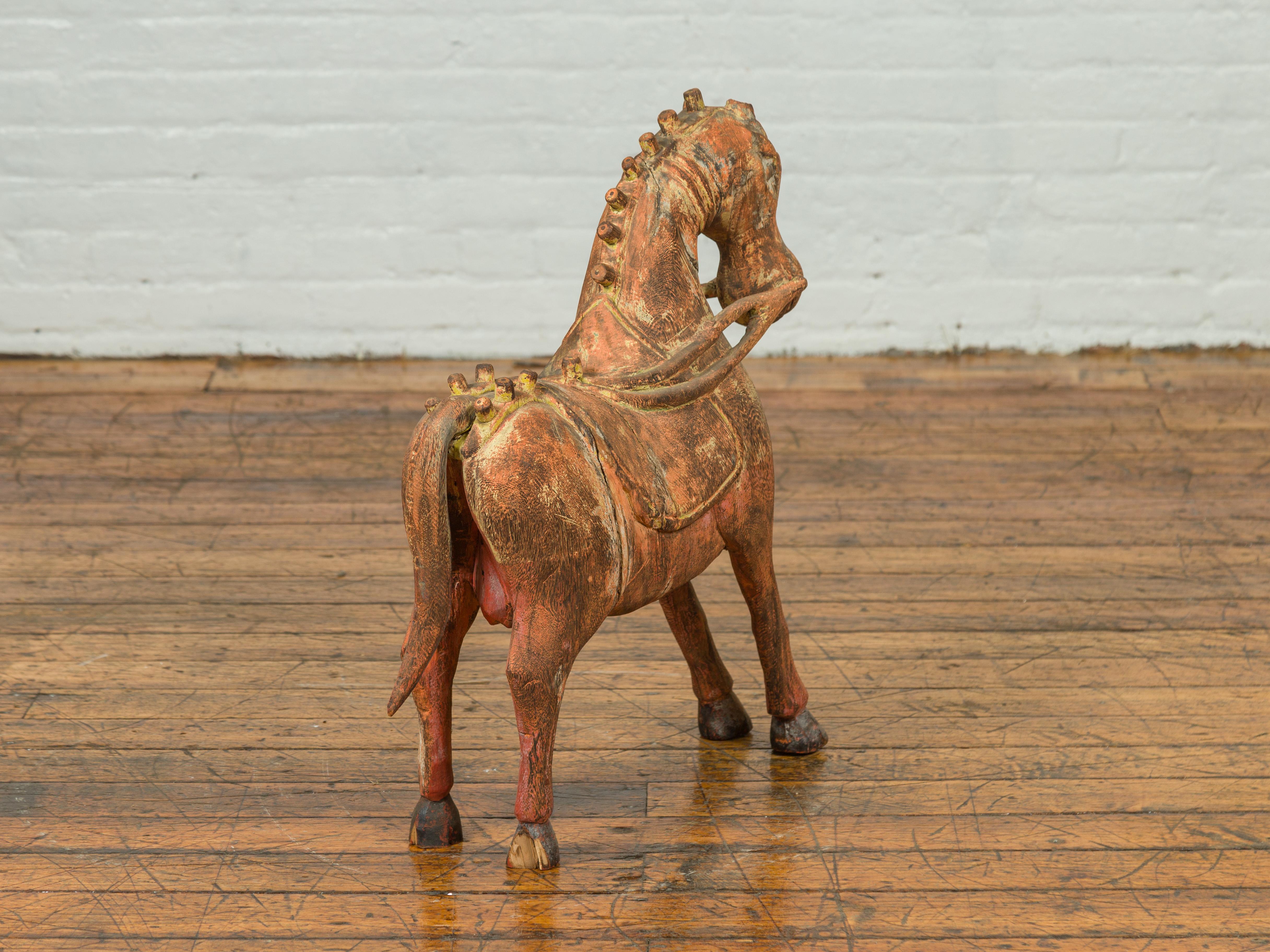 Small Vintage Indian Exterior Rust Colored and Carved Wooden Horse from Madras For Sale 1