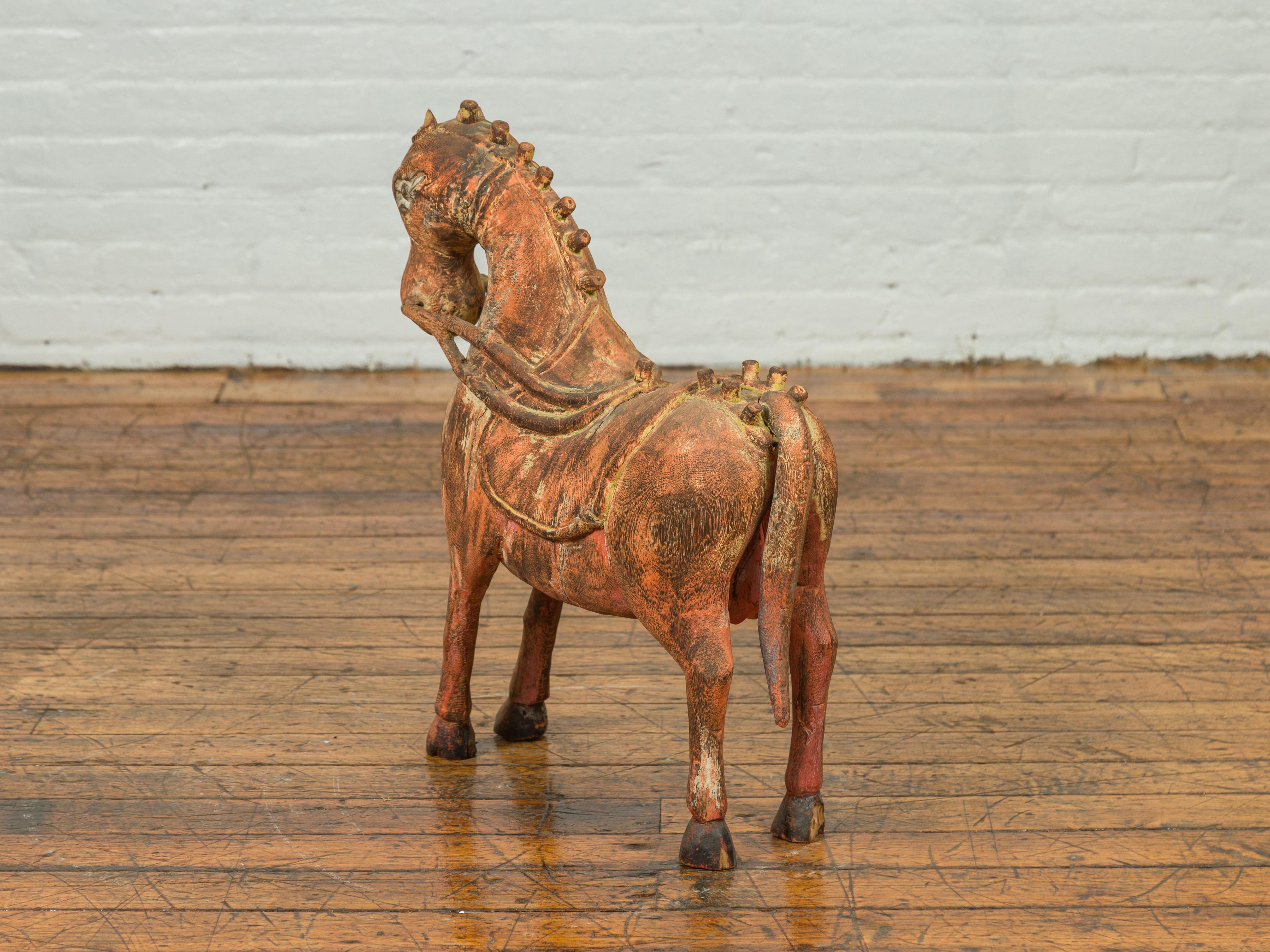 Small Vintage Indian Exterior Rust Colored and Carved Wooden Horse from Madras For Sale 2