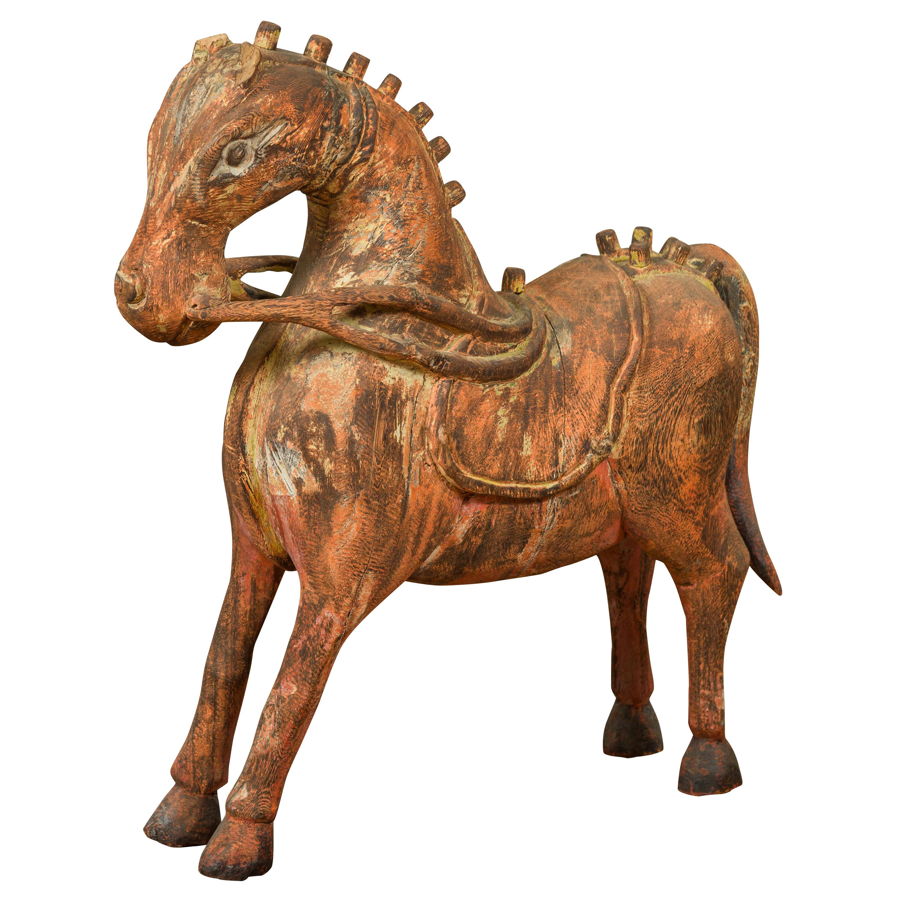 Small Vintage Indian Exterior Rust Colored and Carved Wooden Horse from Madras For Sale