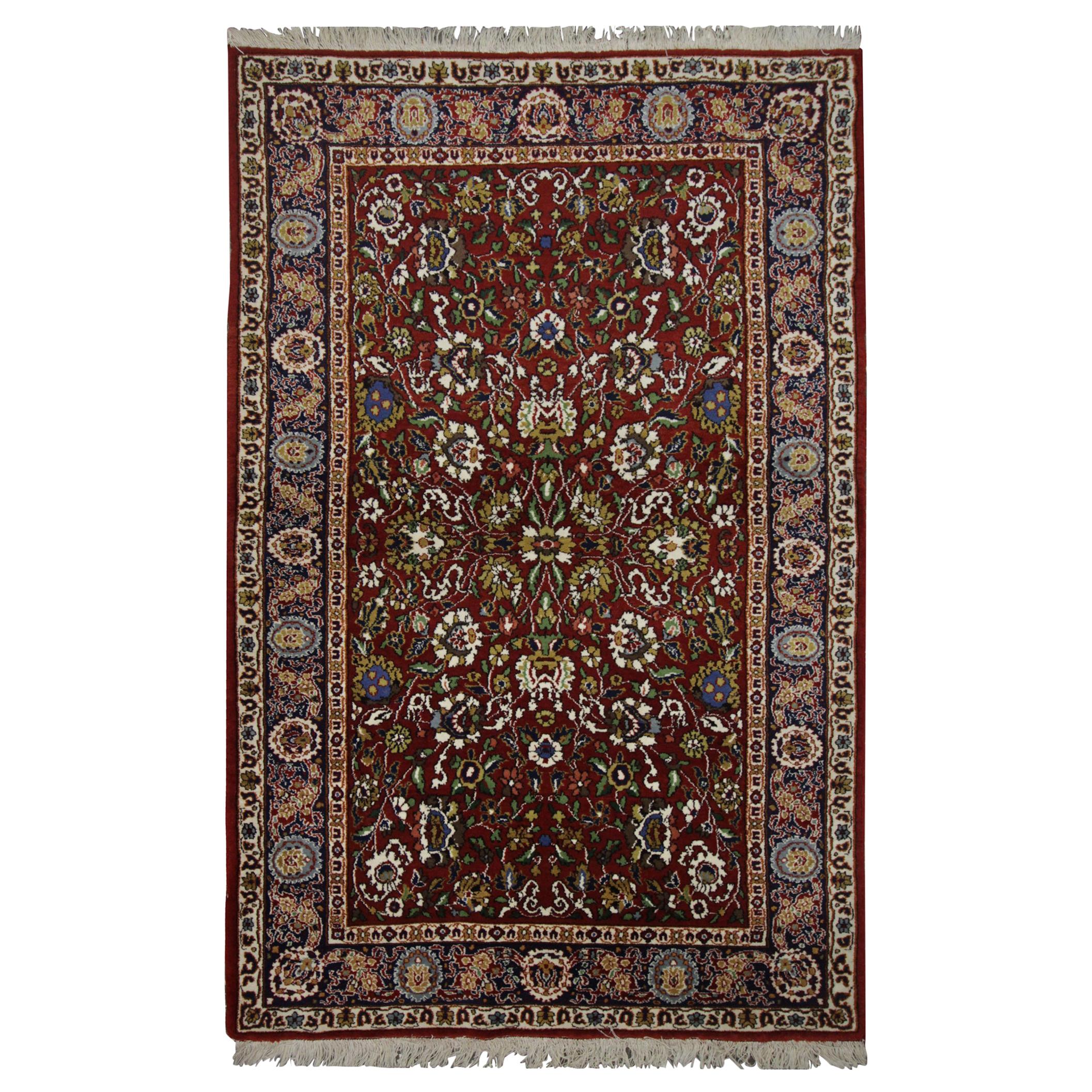 Small Vintage Indian Rug, Traditional Handmade Carpet Red Wool Rug For Sale