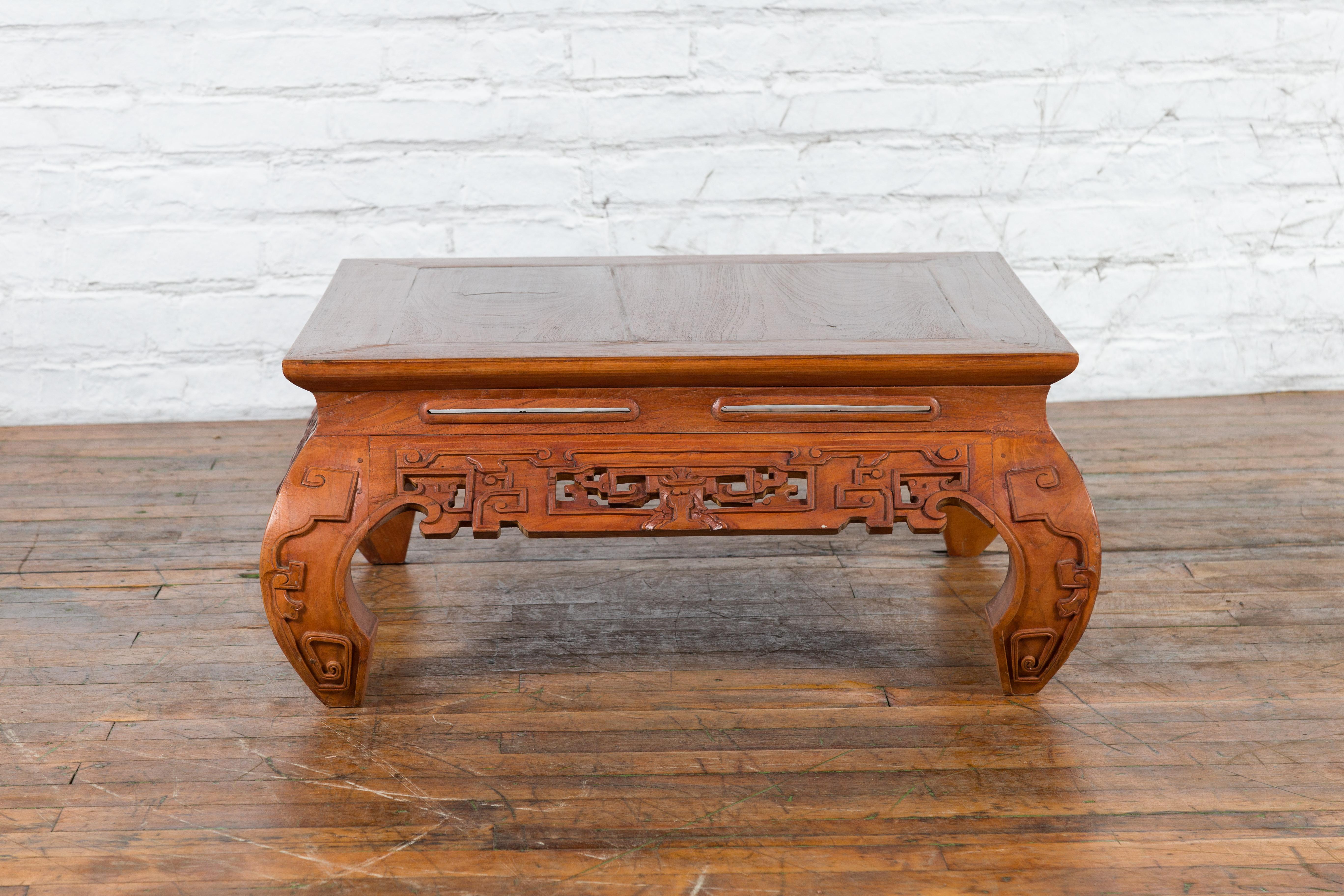 Small Vintage Indonesian Coffee Table with Scroll-Carved Apron and Chow Legs For Sale 6