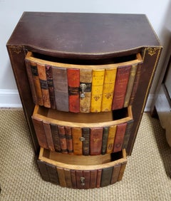 Small Vintage Italian Leather Faux Book Three Drawer Cabinet