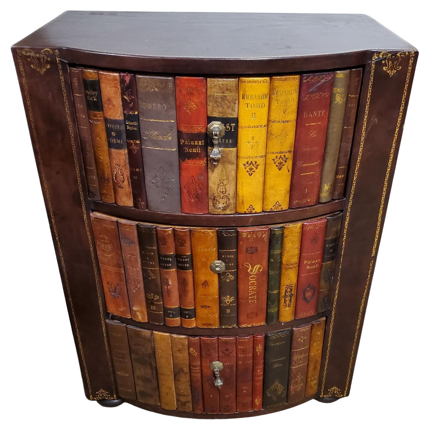 Small Vintage Italian Leather Faux Book Three Drawer Cabinet