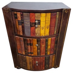 Small Vintage Italian Leather Faux Book Three Drawer Cabinet