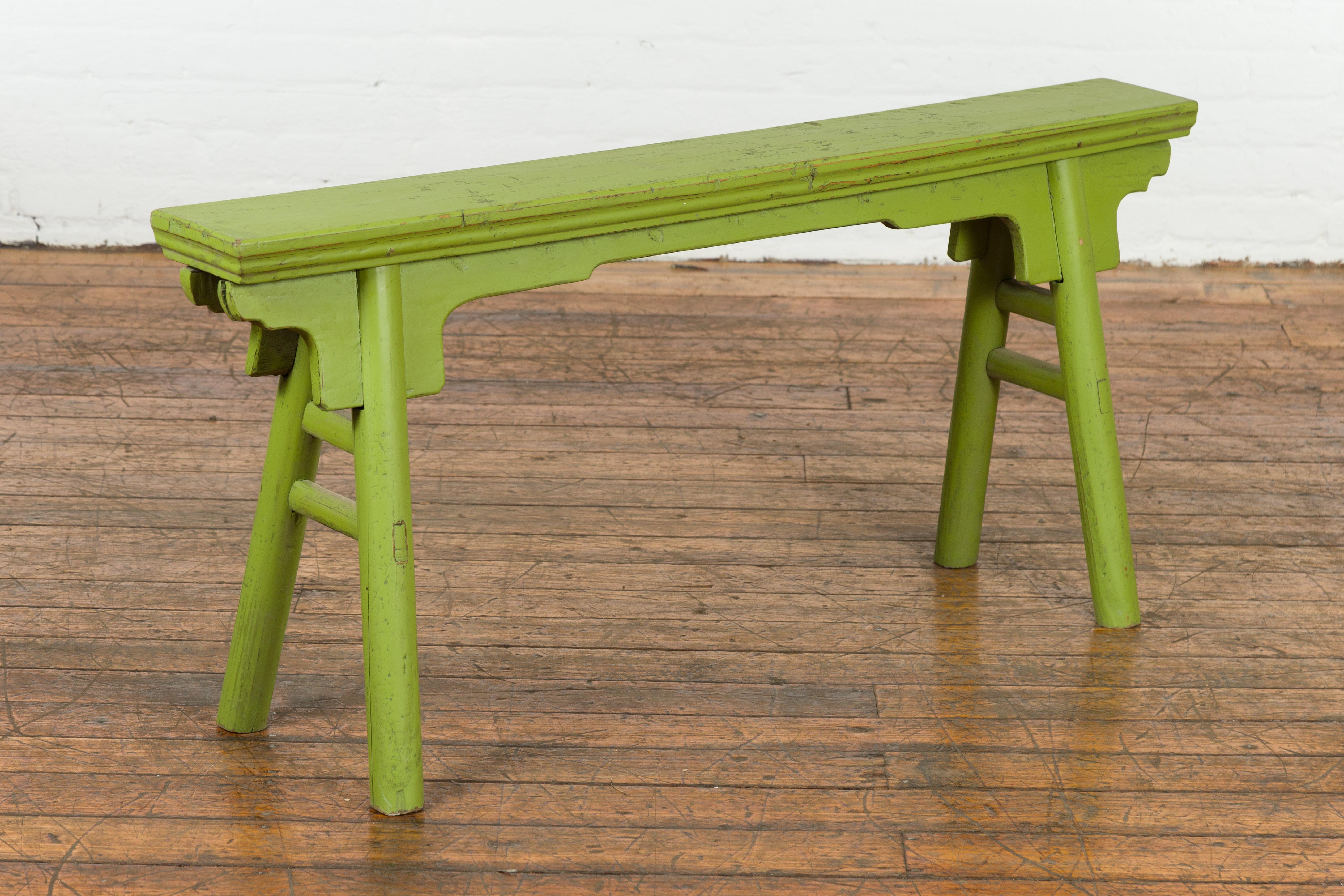 Small Vintage Javanese Bench with A-Frame Base and Custom Green Finish For Sale 3