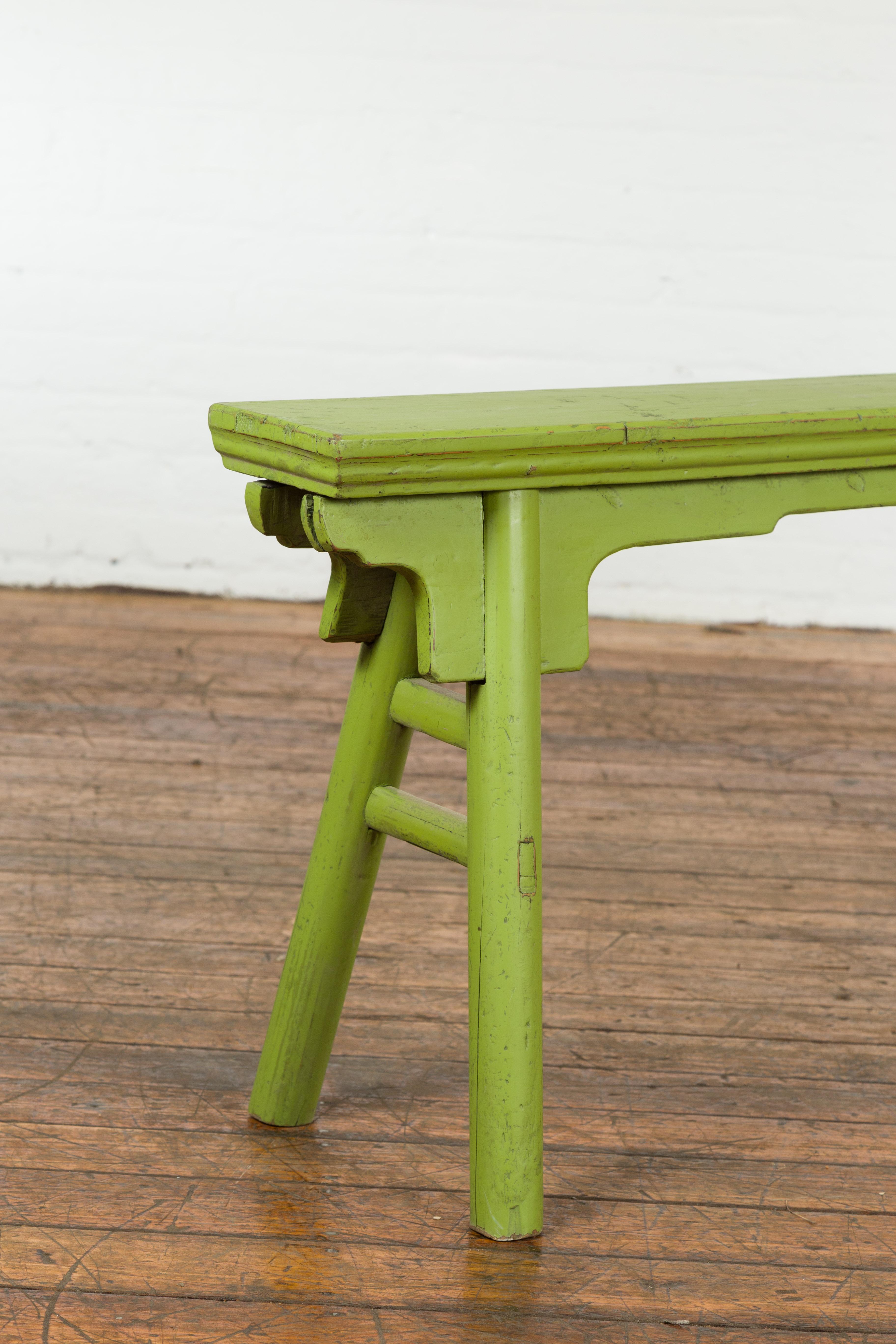 Small Vintage Javanese Bench with A-Frame Base and Custom Green Finish For Sale 4