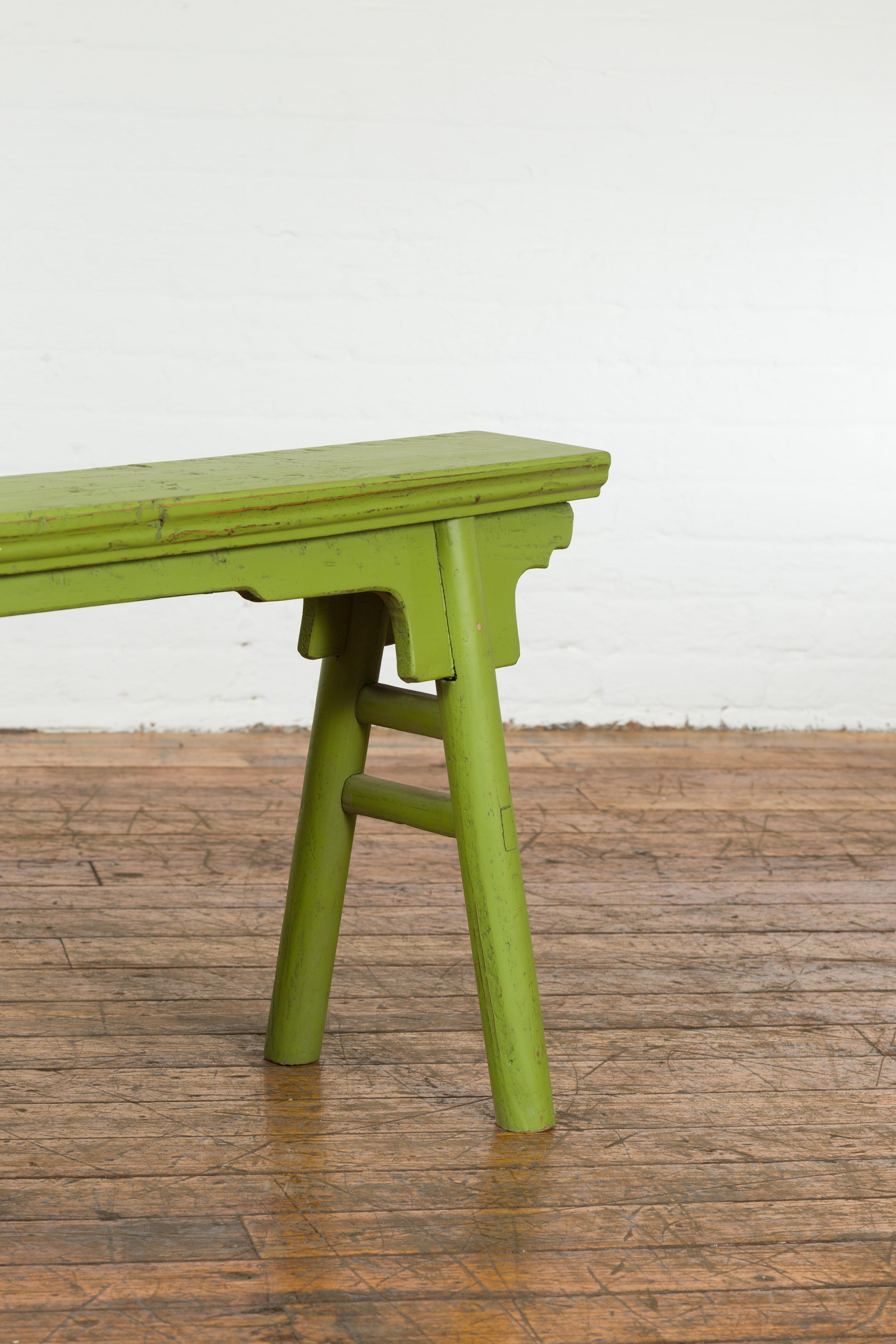 Small Vintage Javanese Bench with A-Frame Base and Custom Green Finish For Sale 5